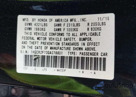 2016 Honda Accord Ex z USA, uszkodzony, nr VIN 1HGCR2F73GA078801